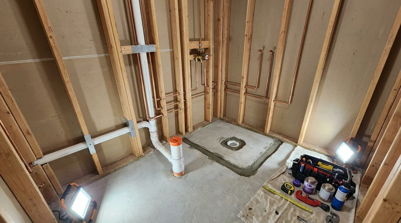 Bathroom rough-in plumbing during remodel by Johns Plumbing LLC in Jayton