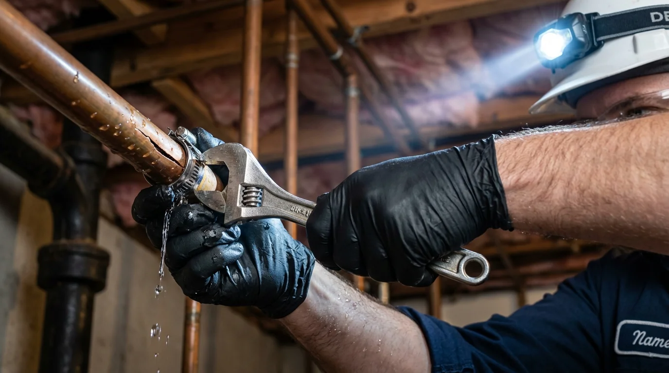 Emergency pipe clamp repair being performed by a Johns Plumbing LLC plumber in Jayton