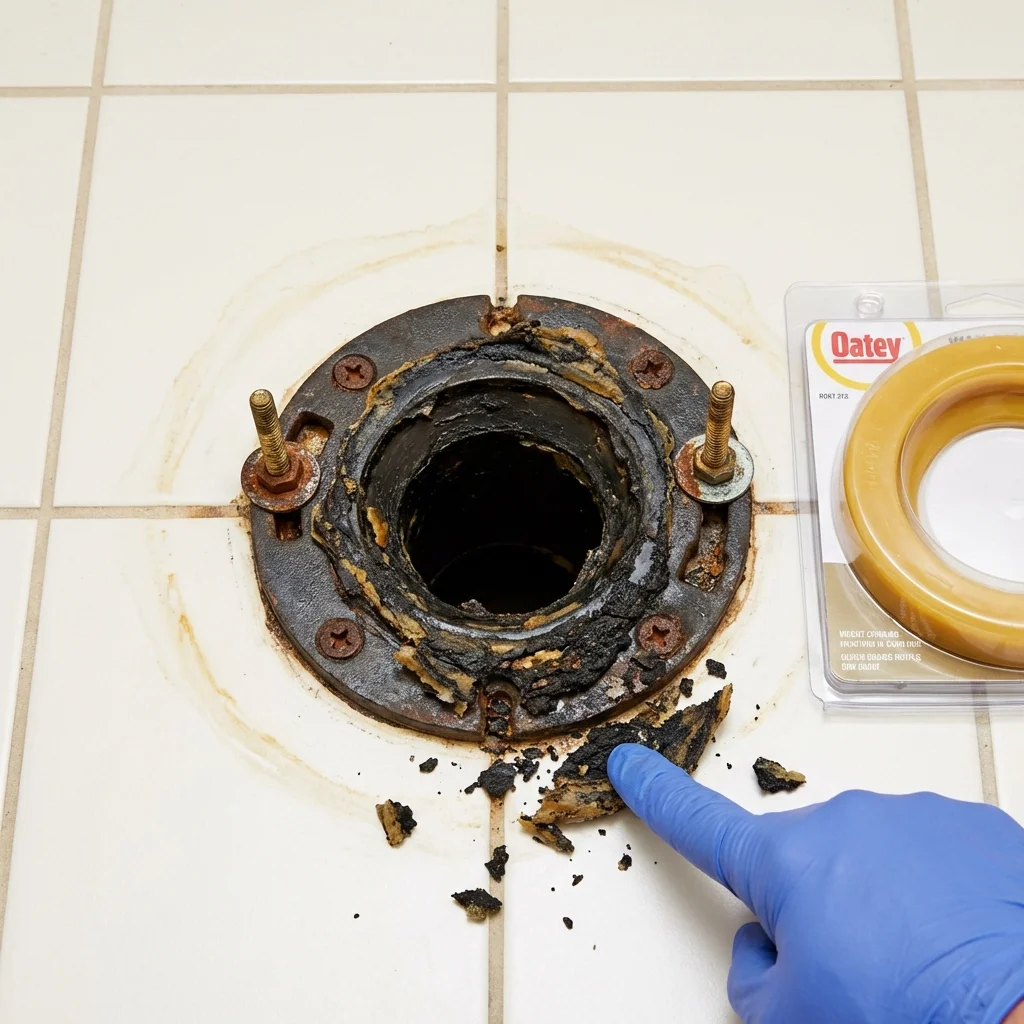 Failed wax ring showing water seepage at the base of a toilet in a Jayton, TX home